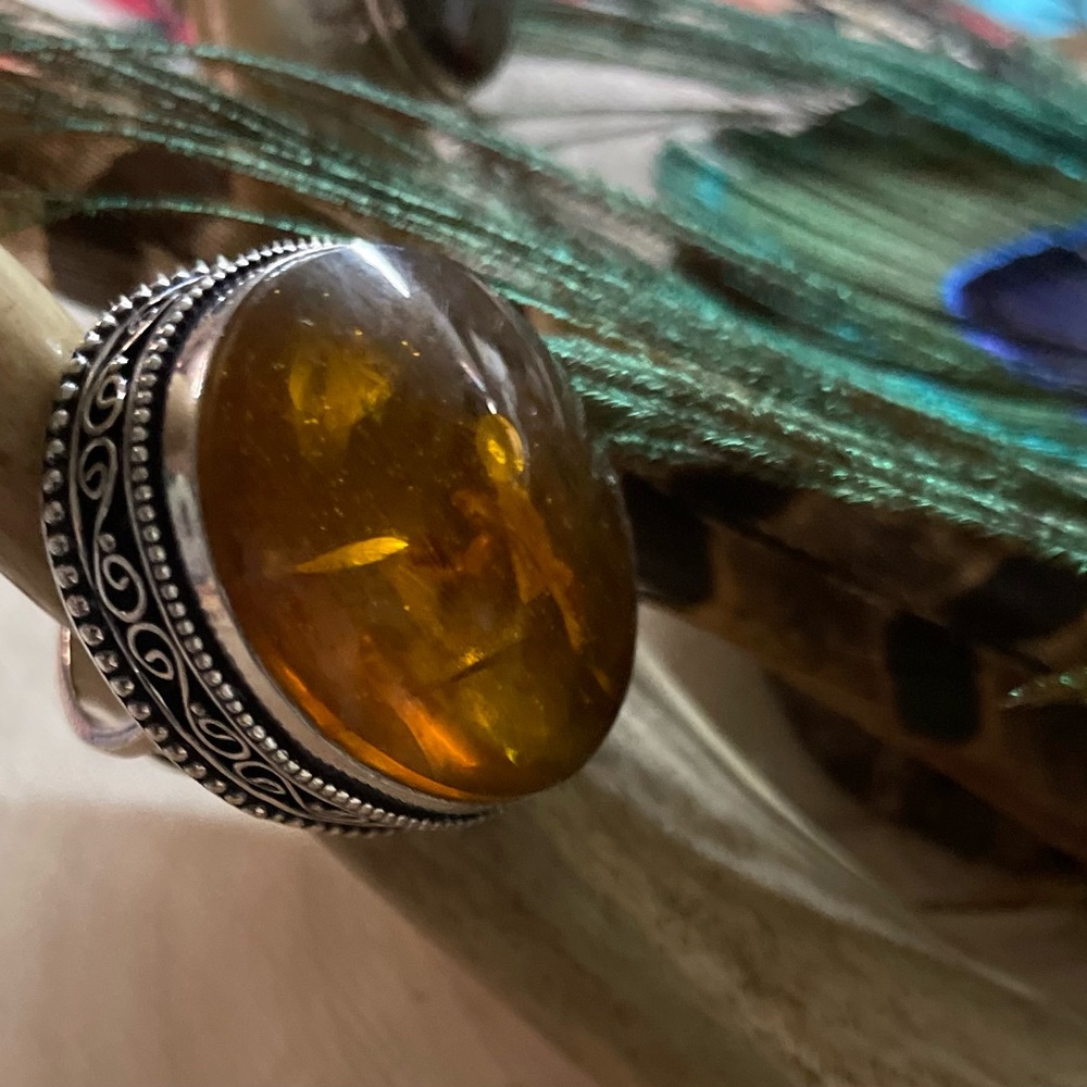 HUGE Amber Silver Ring Size 6 Stamped 925
